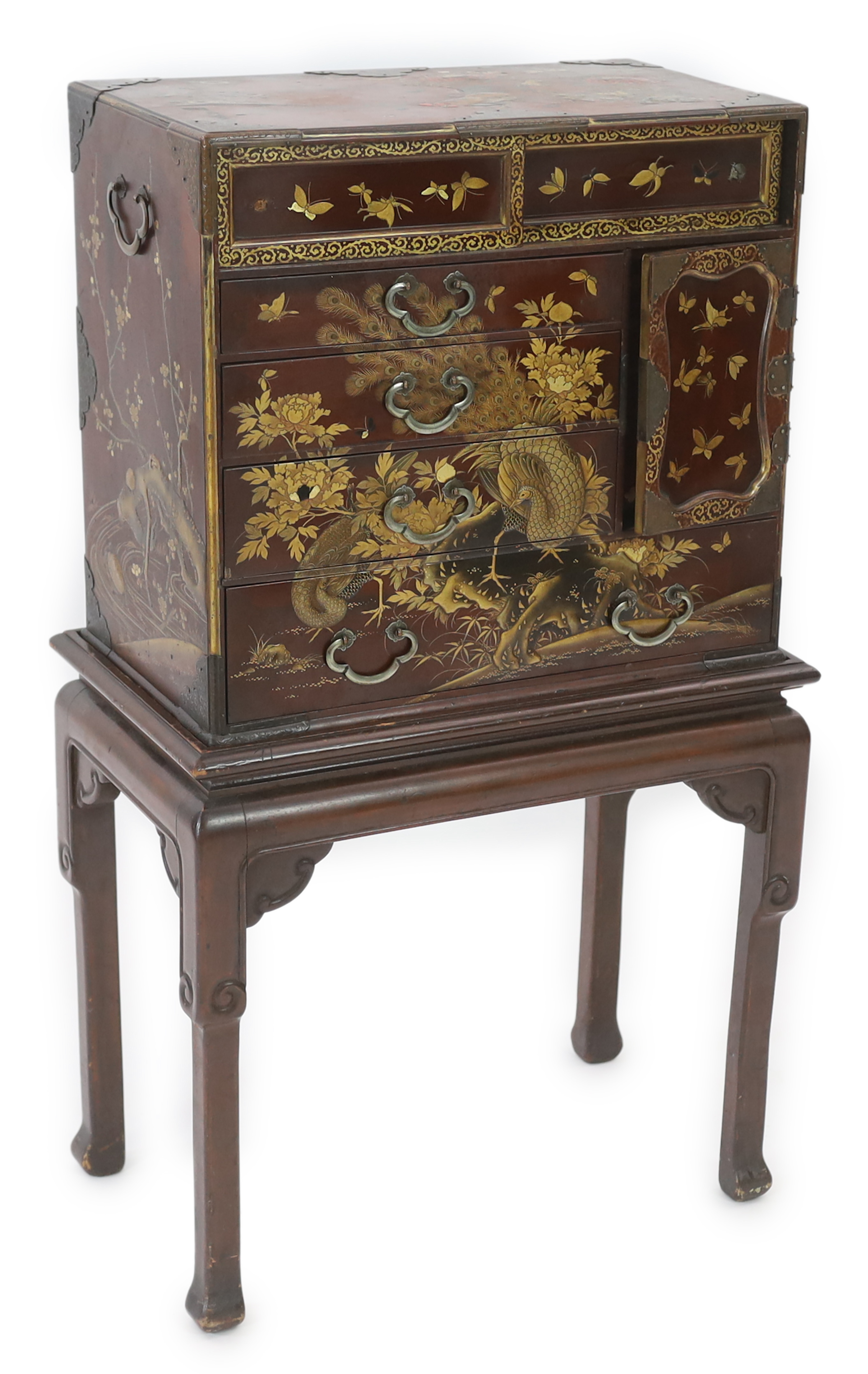 A Japanese Meiji period lacquered table cabinet, Meiji period, overall 60cm wide, 36cm deep, 104cm high